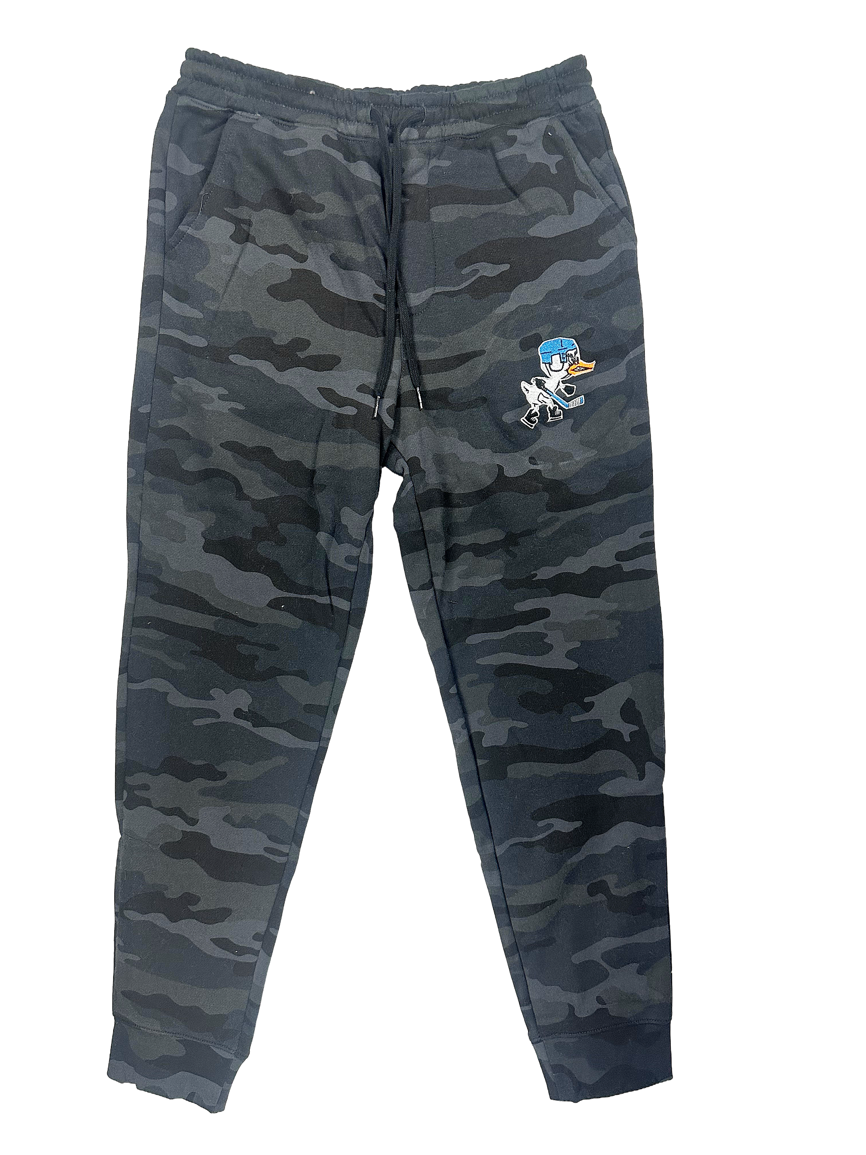 Camouflage pants with a small logo on a white background